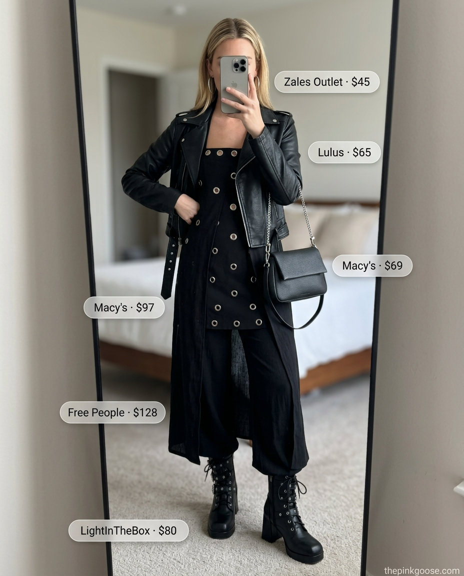 Summer Eyelet Fabric Outfits for Women 2026: Black eyelet mini dress with moto jacket, boots, and silver hoops.