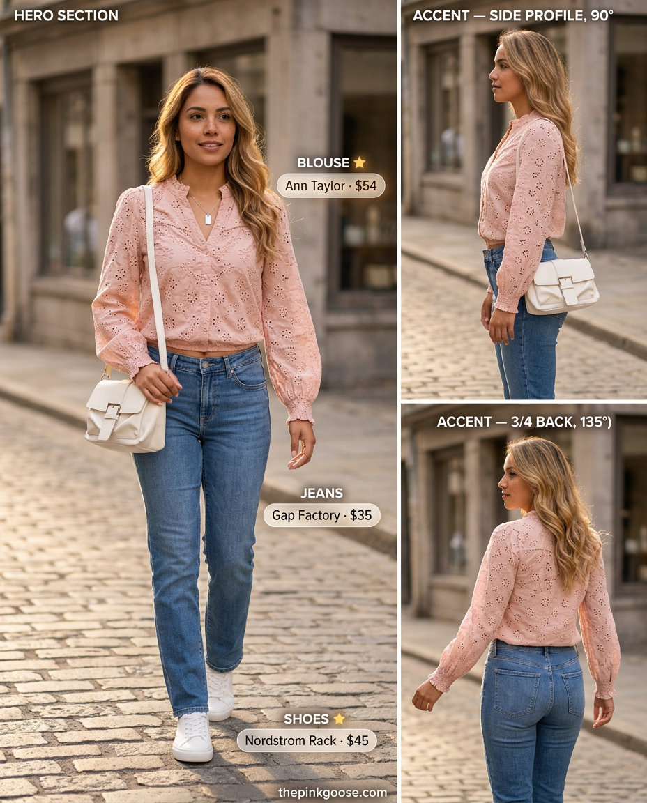 Summer Eyelet Fabric Outfits for Women 2026: Blush pink eyelet blouse with jeans, white sneakers, and silver necklace.