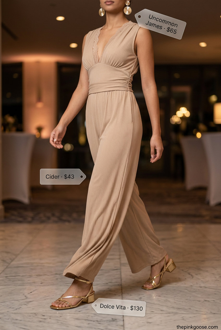 Summer Eyelet Fabric Outfits for Women 2026: Champagne eyelet jumpsuit with gold accessories and strappy heels.