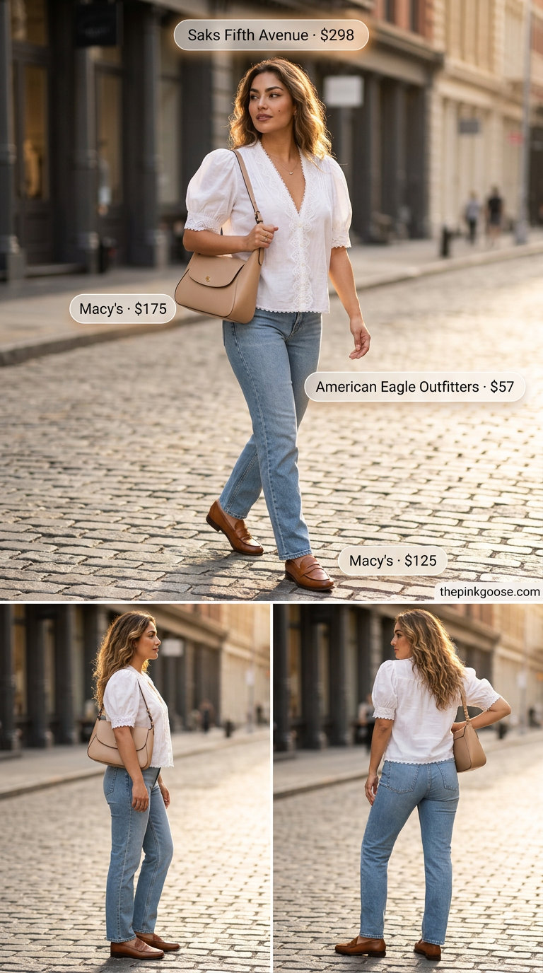 Summer Eyelet Fabric Outfits for Women 2026: Cream eyelet peasant blouse with blue jeans.