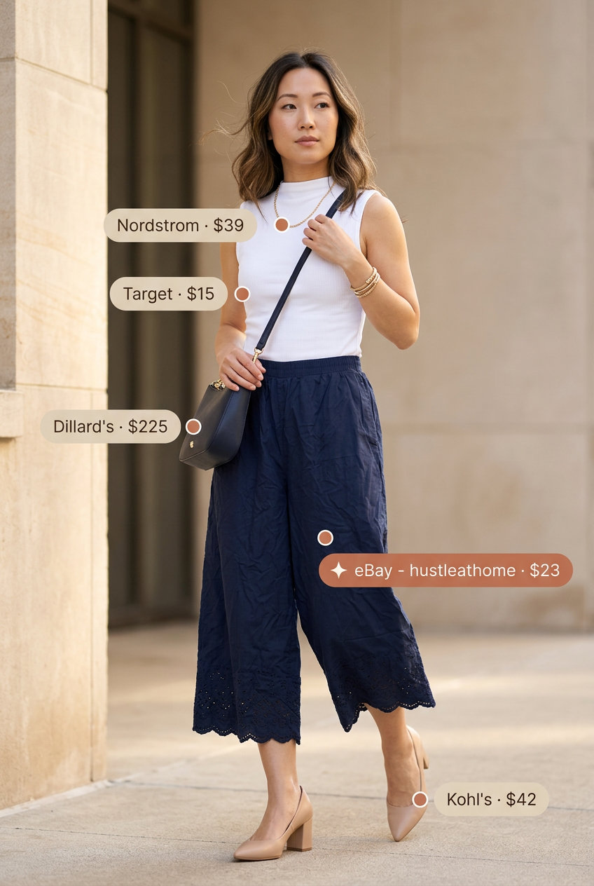 Summer Eyelet Fabric Outfits for Women 2026: Navy blue wide-leg culottes with eyelet trim.