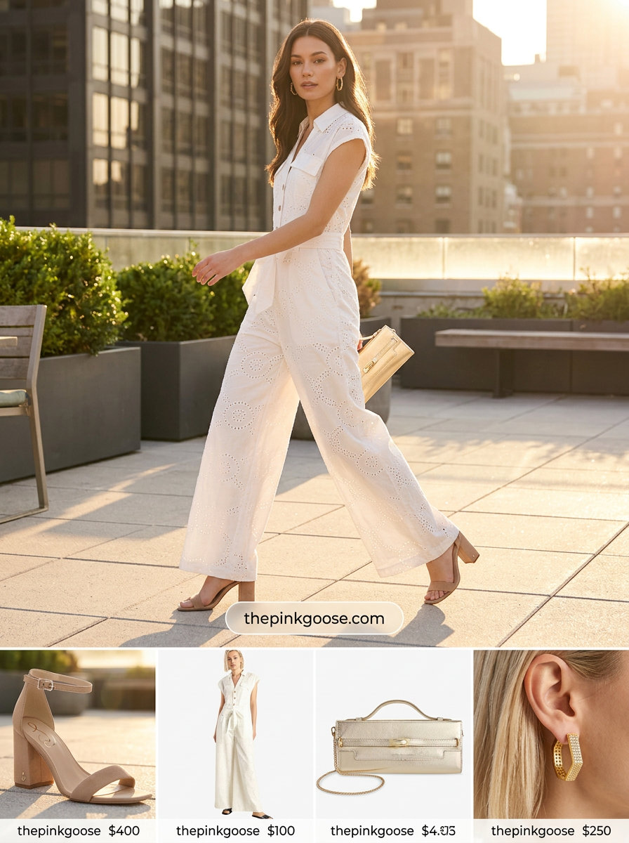 Summer Eyelet Fabric Outfits for Women 2026: White wide-leg eyelet jumpsuit with gold earrings and nude heels.