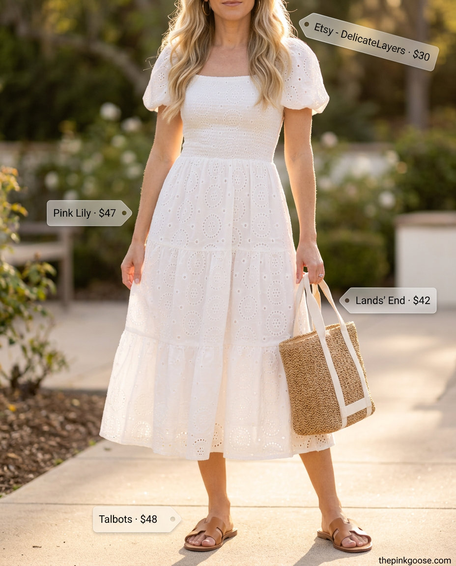 Summer Eyelet Fabric Outfits for Women 2026: White eyelet midi dress with tan slides, gold hoops, and straw tote.