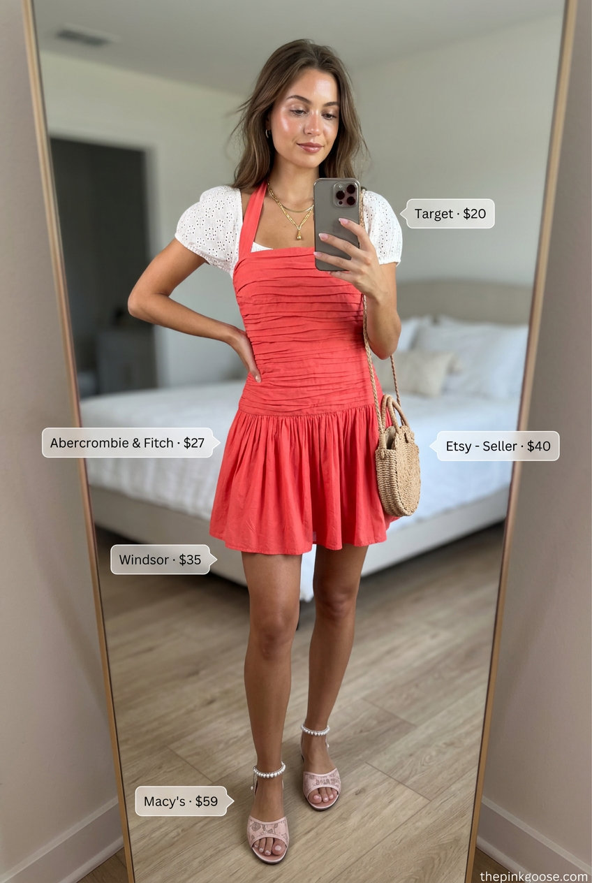 Summer Eyelet Fabric Outfits for Women 2026: White eyelet sundress with pink sandals, gold necklace, and straw bag.