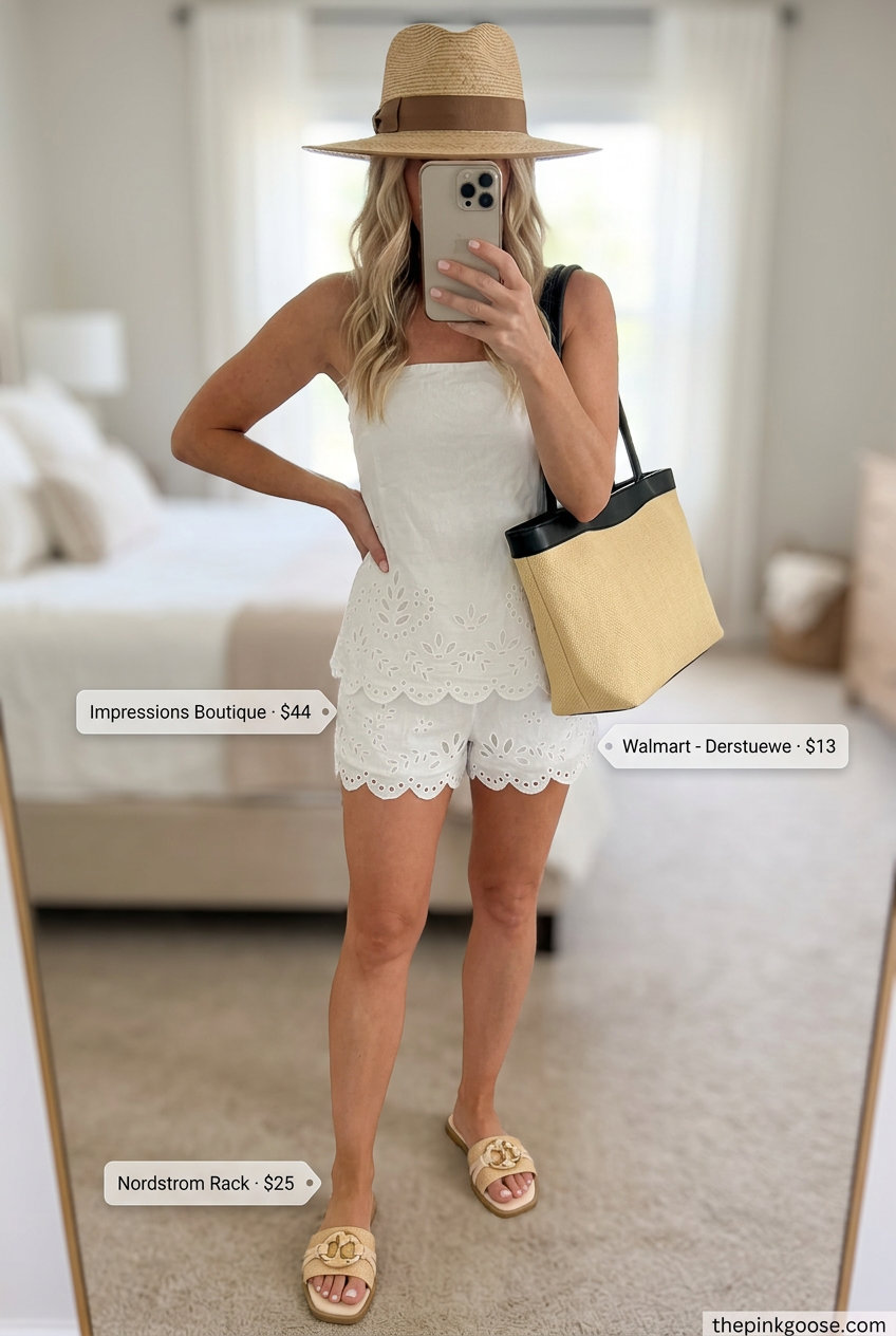 Natural beige eyelet linen set outfit for women: cropped top, shorts, straw hat. Summer Eyelet Fabric Outfits for Women 2026.