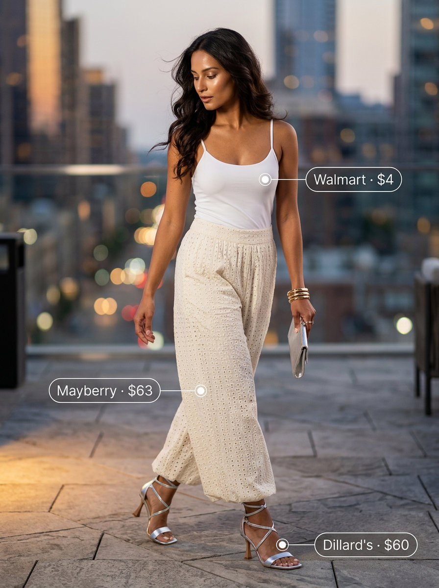 Black eyelet wide-leg pants outfit for women: white satin camisole, silver sandals, clutch & earrings. Summer Eyelet Fabric Outfits for Women 2026.