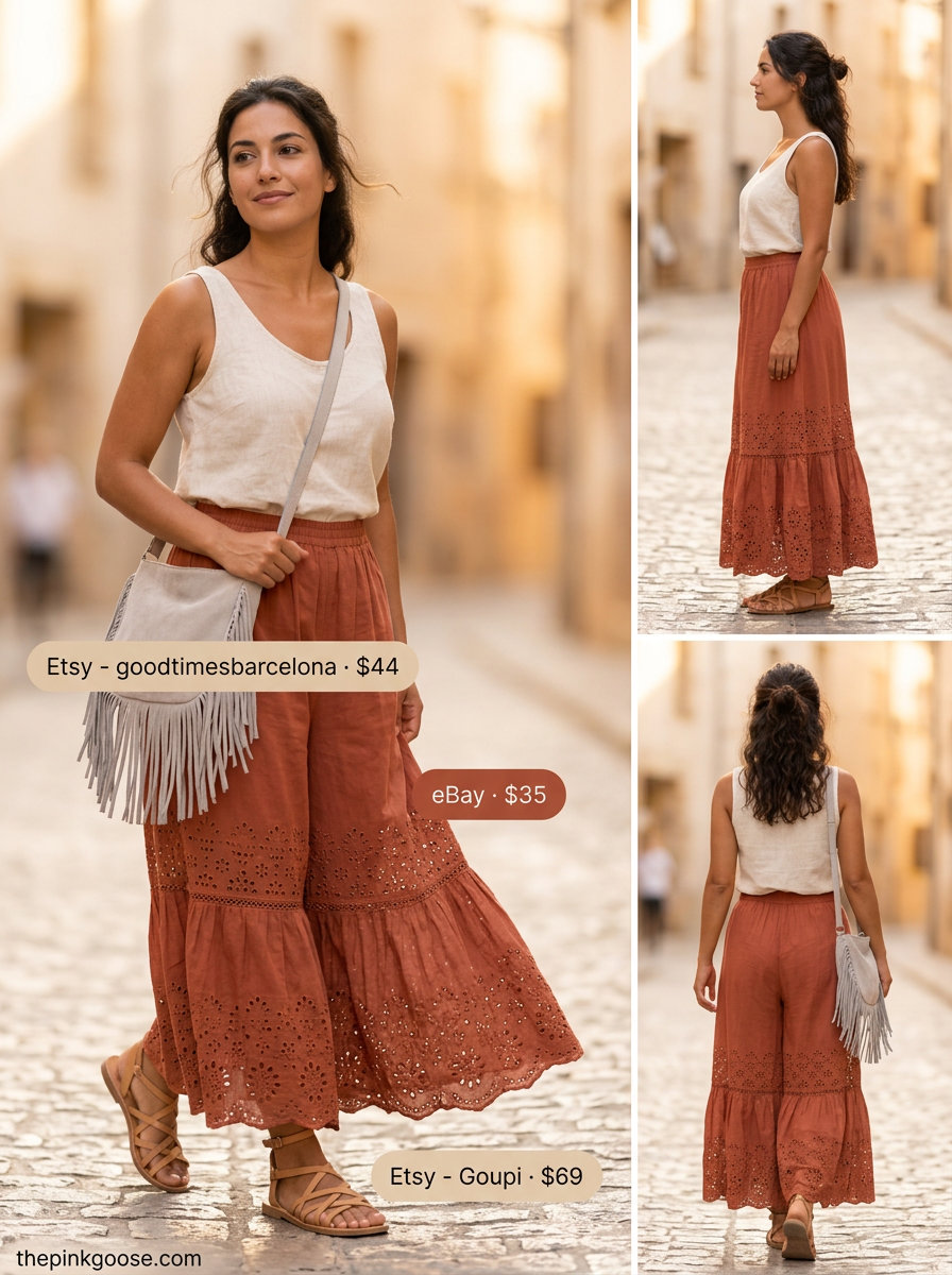 Terracotta eyelet maxi dress outfit for women: gladiator sandals, suede bag, layered necklaces. Summer Eyelet Fabric Outfits for Women 2026.