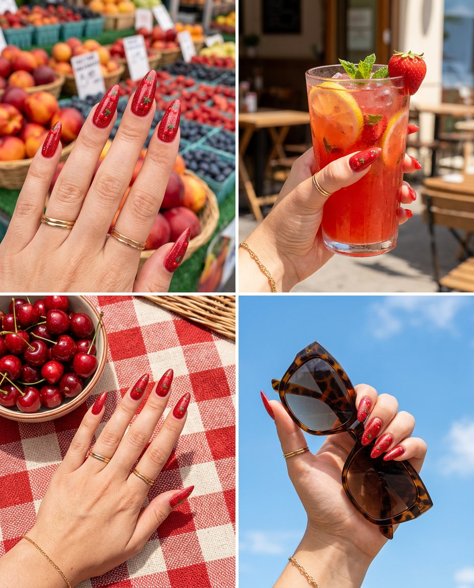 Cherry Glitter Nails 2026: Party & Date Night Style Sparkling cherry pop glitter nails for summer fruits nail art 2026, date nights, and parties.