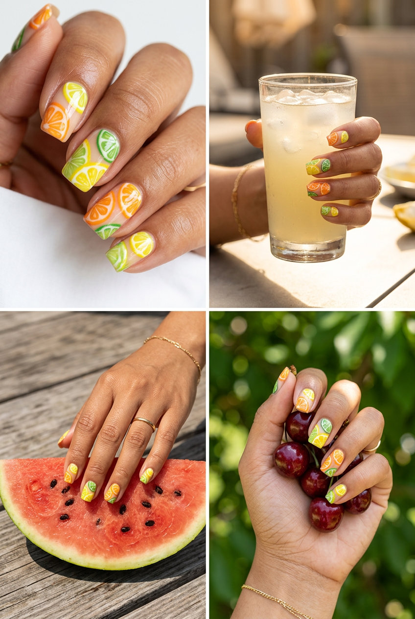 Edible Citrus Nails 2026: Sophisticated Summer Fruits Art Edible citrus realism summer fruits nail art 2026 on stiletto nails for avant-garde events.