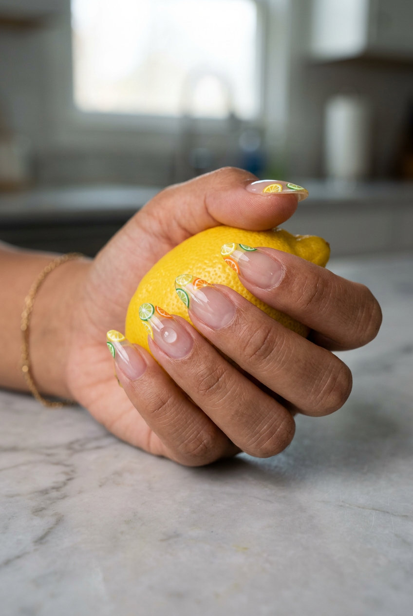 Citrus Slice Reverse French Nails 2026 Citrus Slice Reverse French nails: artistic lemon, lime, orange art for cocktail party summer fruits nail art 2026.
