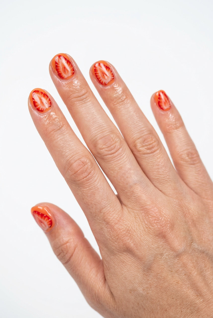 Strawberry Slice Stiletto Nails 2026 Hyper-Realistic Strawberry Slice Stiletto nails: glamorous edible art for date night or special event summer fruits nail art 2026.