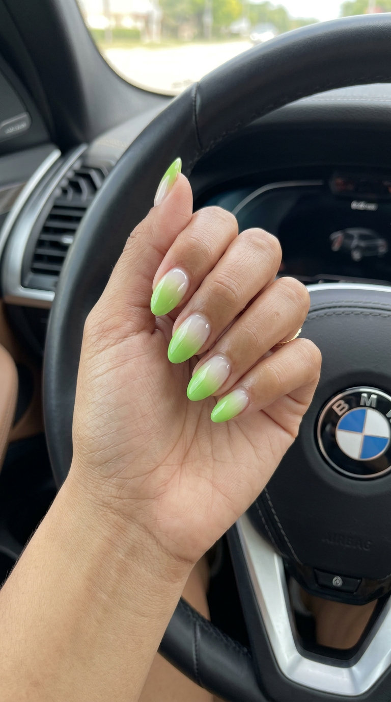 Lime Zest Gradient Coffin nails: playful lime green fade for party or summer event summer fruits nail art 2026.