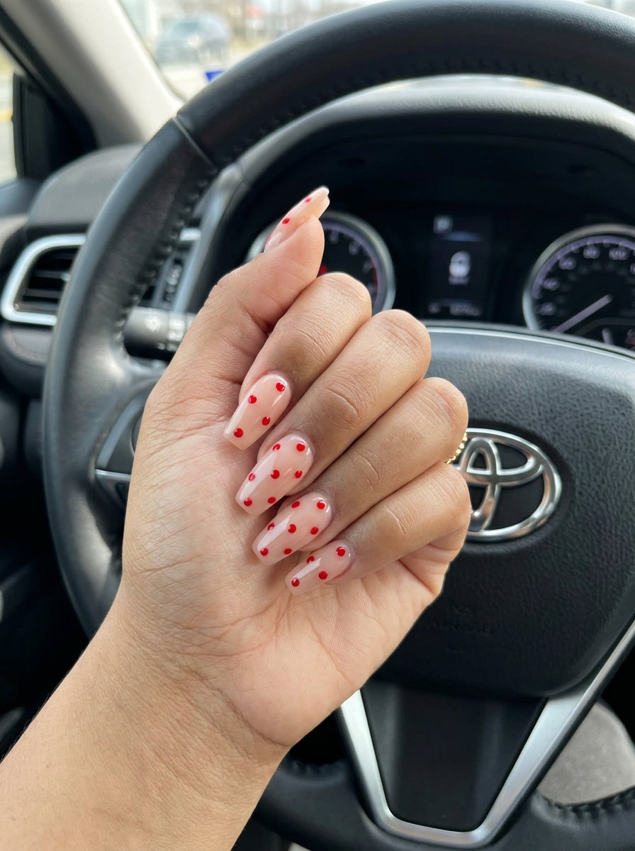 Micro Cherry Dot Squoval Nails 2026 Micro Cherry Dot Squoval nails: minimalist nude with red dots for daily wear or office summer fruits nail art 2026.