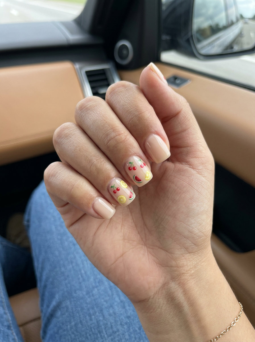 Mixed Fruit Decal Nails 2026: Playful Summer Fruits Fiesta Mixed fruit decal summer fruits nail art 2026 on nude short square nails for playful summer outings.