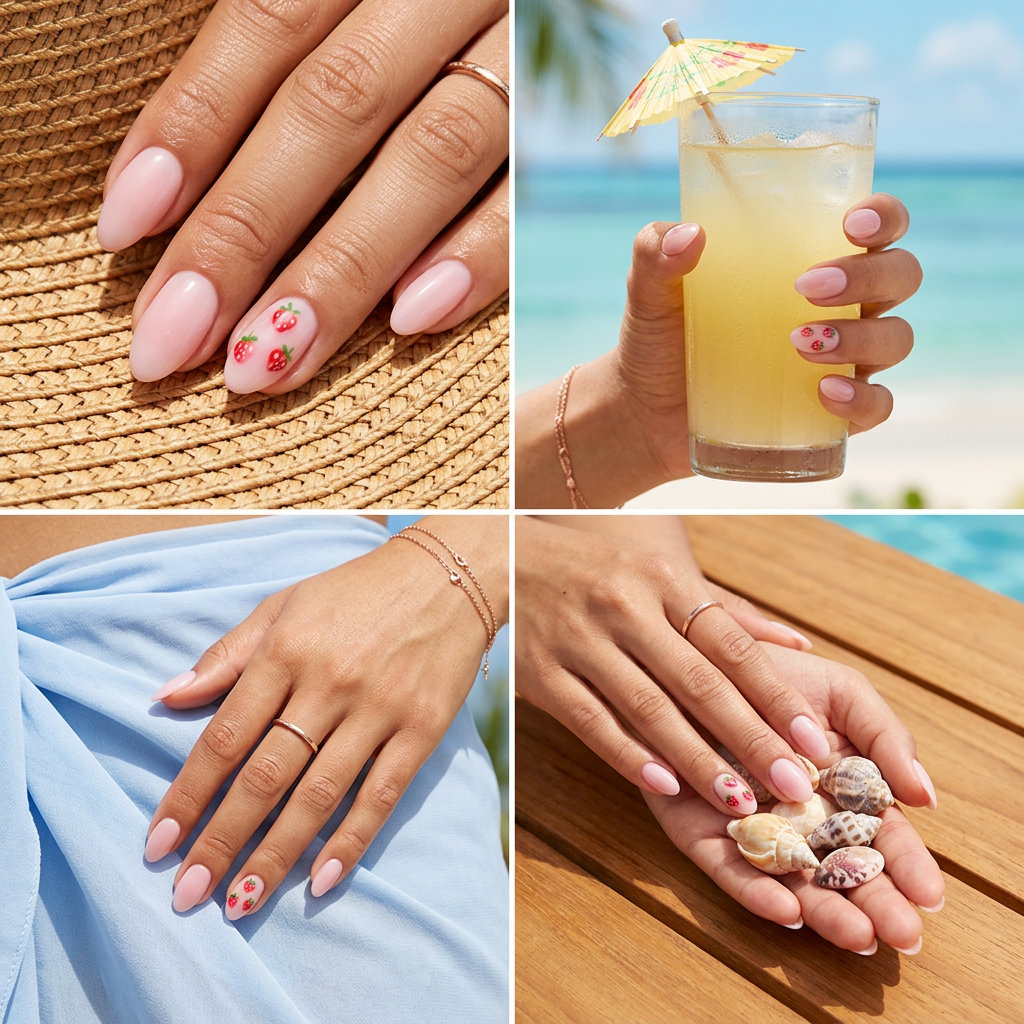 Strawberry Milk Nails 2026: Bridal & Wedding Style Strawberry milk bath almond nails for summer fruits nail art 2026, bridal showers, and weddings.