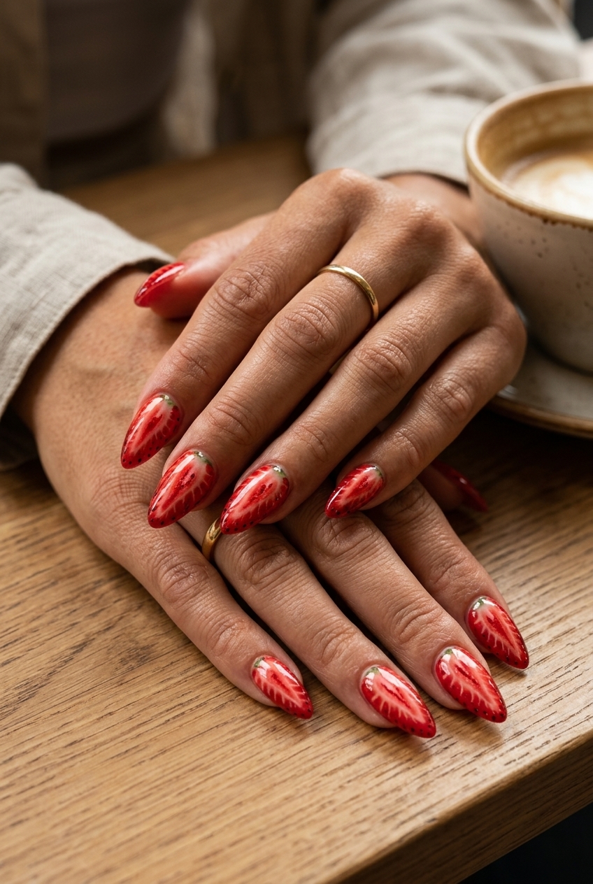 Strawberry Slice Nails 2026: Glamorous Party Style Hyper-realistic strawberry slice stiletto nails for summer fruits nail art 2026, date nights, and parties.