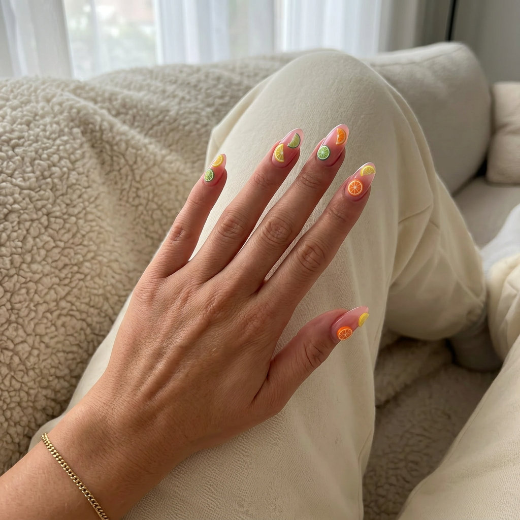 Citrus Charm Nails 2026: Playful Summer Fruits Vacation Tropic charm citrus almond summer fruits nail art 2026 on short almond nails for vacation fun.