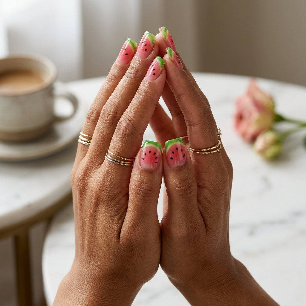 Watermelon Slice Nails 2026: Vacation & Party Style Juicy watermelon slice almond nails, perfect for summer fruits nail art 2026, vacation, and parties.