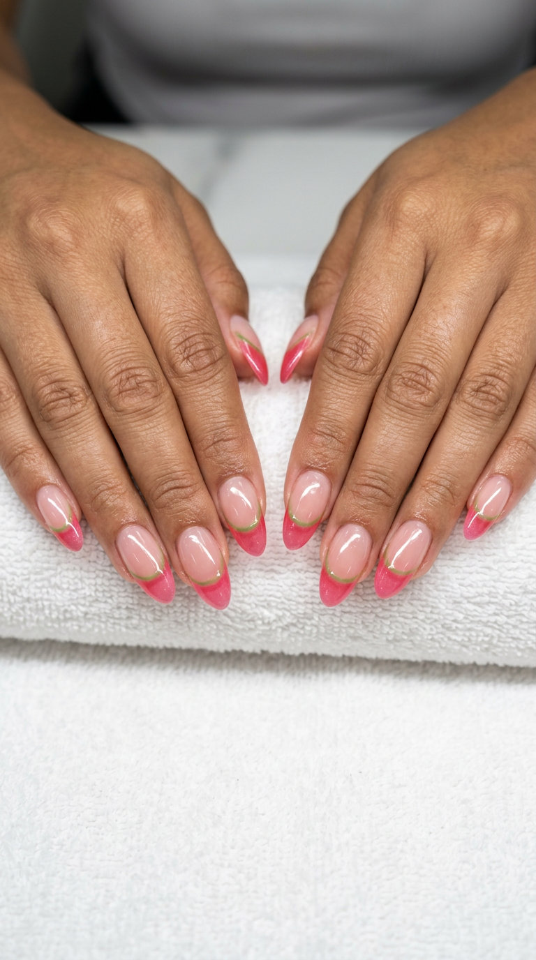 Watermelon Jelly French Nails 2026 Watermelon Jelly French nails: playful pink jelly tips with green rind accent for summer fruits nail art 2026.