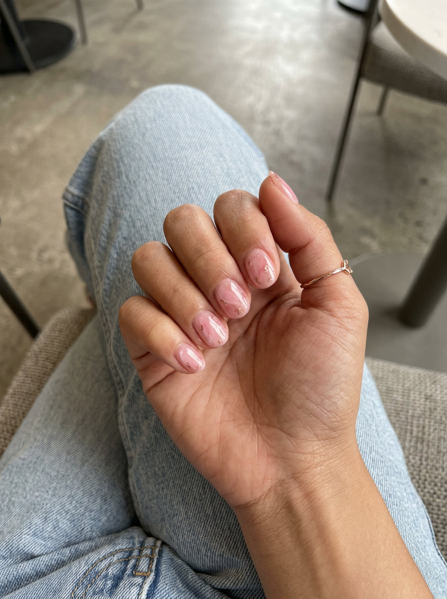 Summer gel nails short simple 2026: Sheer pink marble with rose gold foil on short round nails for a romantic look.