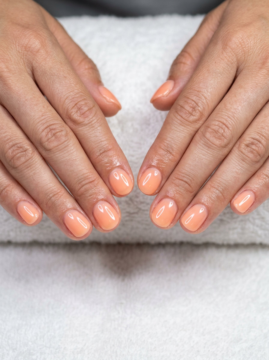 Jelly peach short simple round gel nails for summer 2026. Vibrant beach day style.