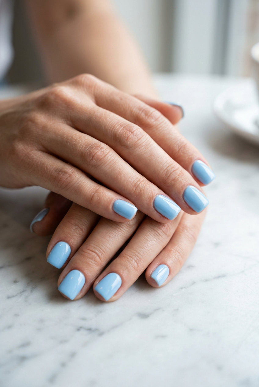 Sporty light sky blue glossy square gel nails for casual weekends and summer outings in 2026.