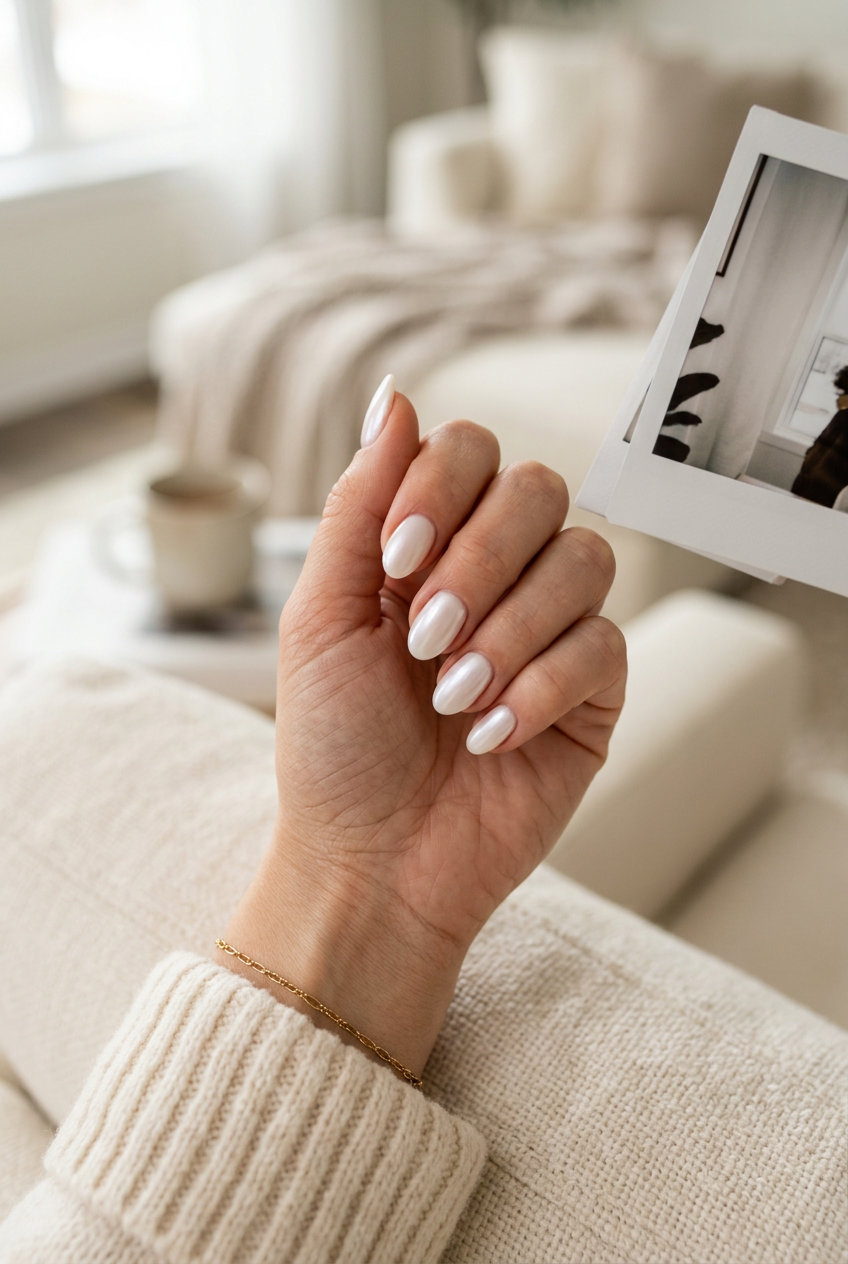Romantic milky pearlescent almond gel nails for weddings and elegant evenings in 2026.