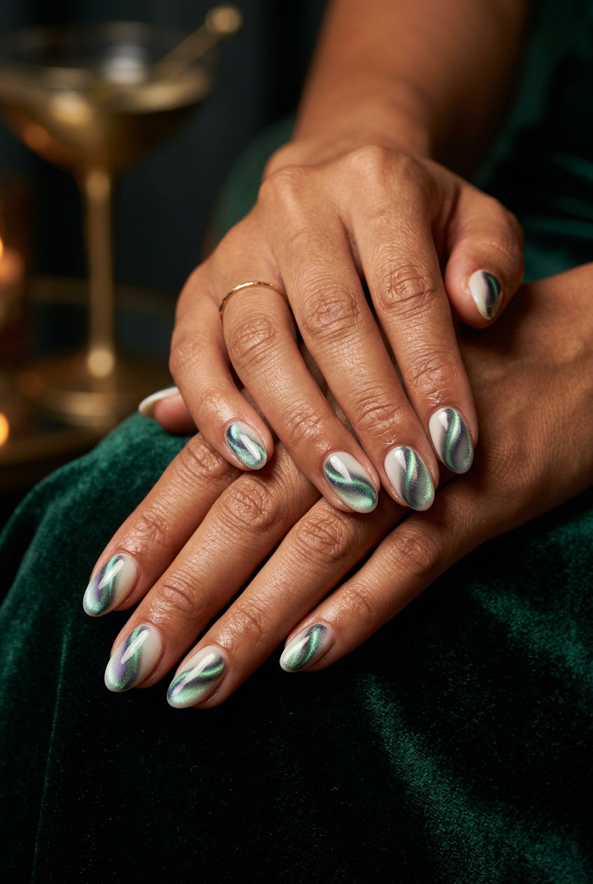 Milky white cat-eye swirl gel nails for date night, party, or evening out in 2026.