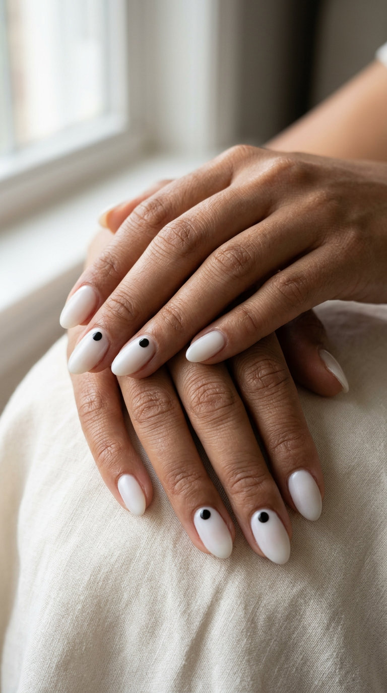 Milky white short simple gel nails with a black dot accent for summer 2026. Minimalist everyday wear.