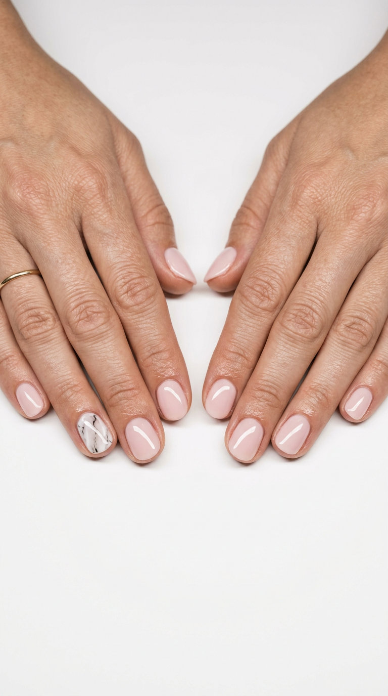 Chic milky white marble accent gel nails for parties and special occasions in 2026.