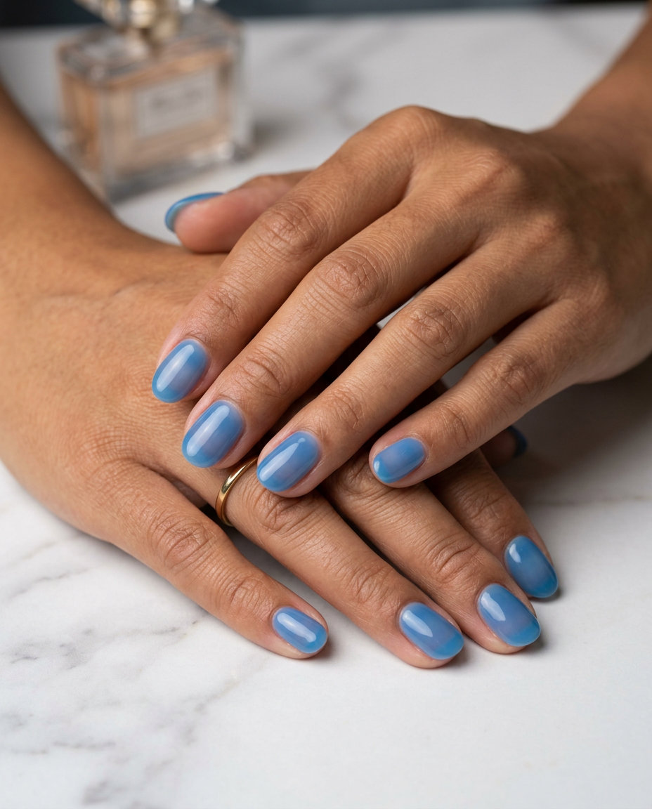 Subtle nude short simple almond gel nails with chrome accent for summer 2026. Sophisticated work style.