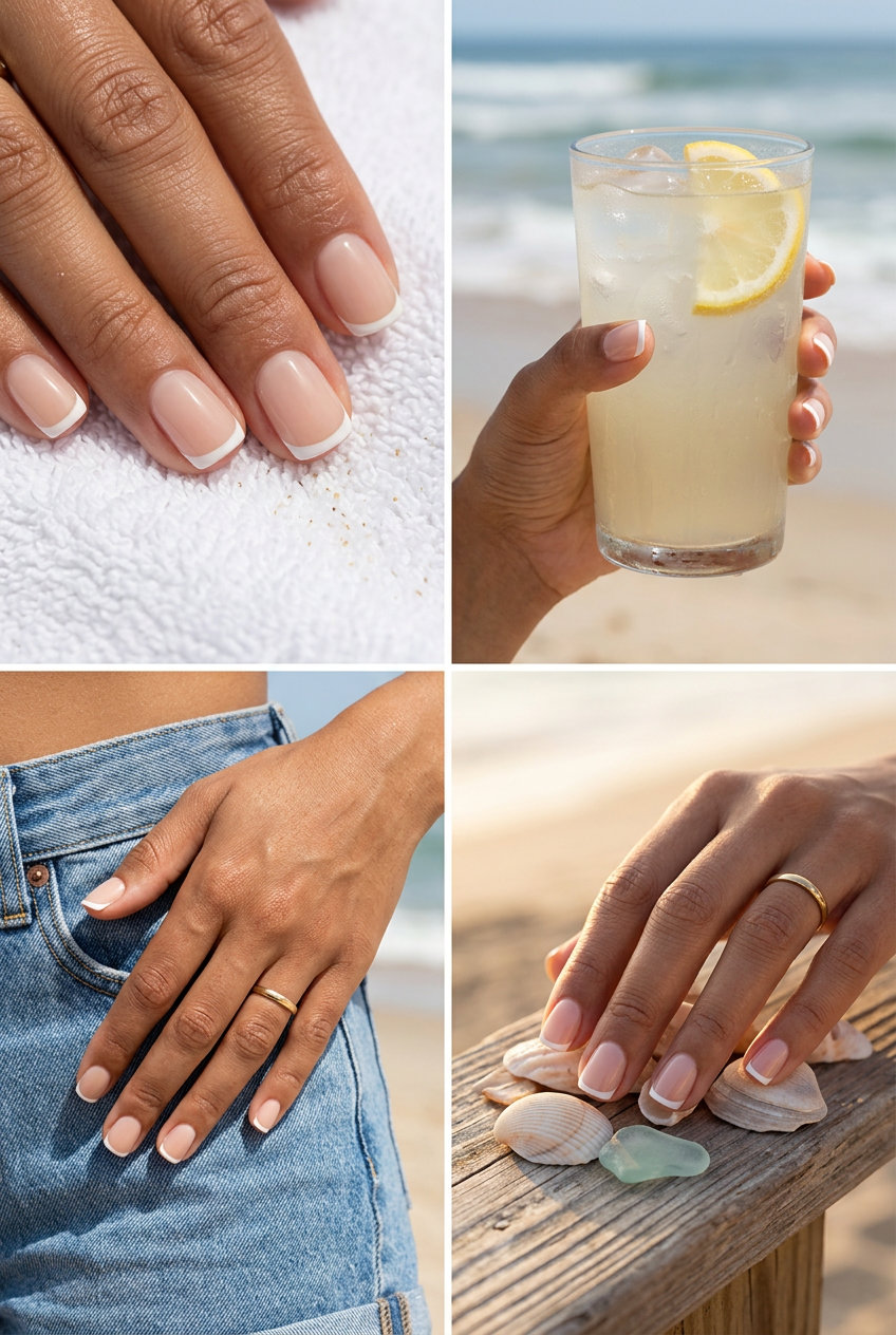 Sophisticated nude square classic French gel nails for daily wear, work, and business casual in 2026.