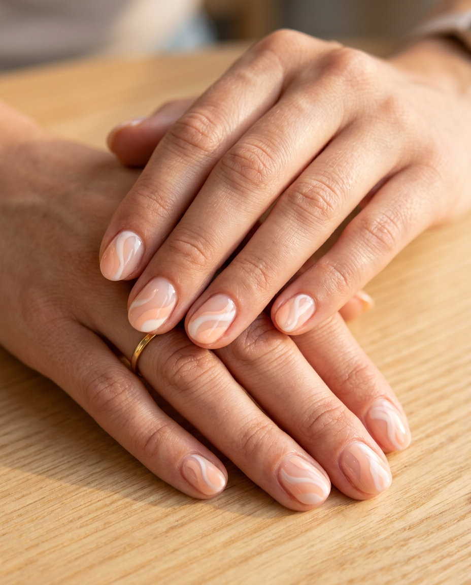 Bohemian pale peach abstract swirl gel nails for vacations and festivals in 2026.
