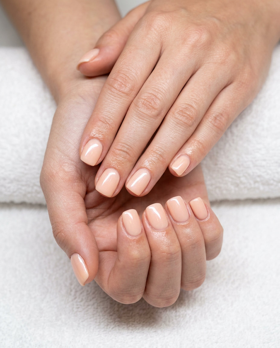Glamorous pale peach glazed donut gel nails for parties and summer soirees in 2026.