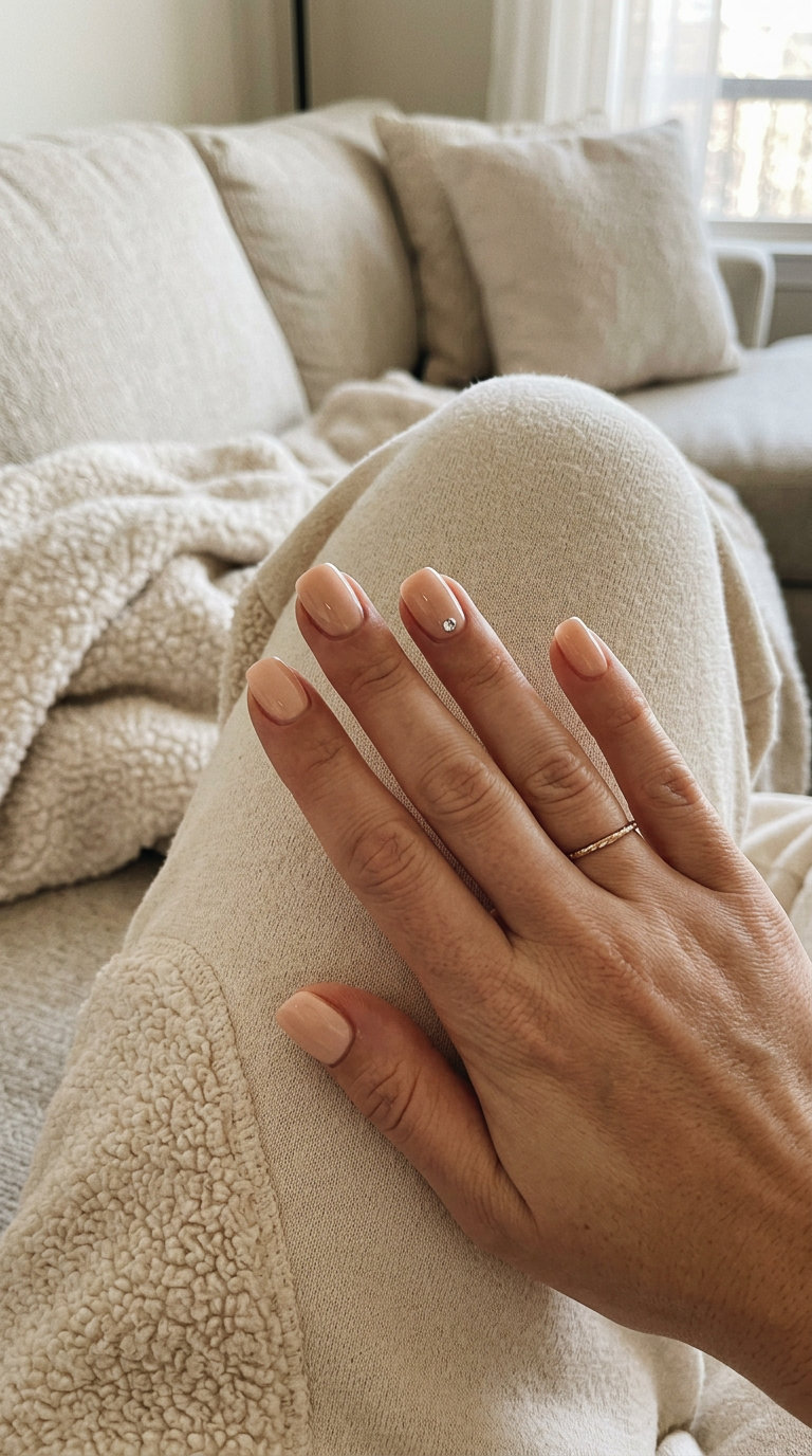 Elegant pale peach rhinestone sparkle gel nails for date night and special occasions in 2026.