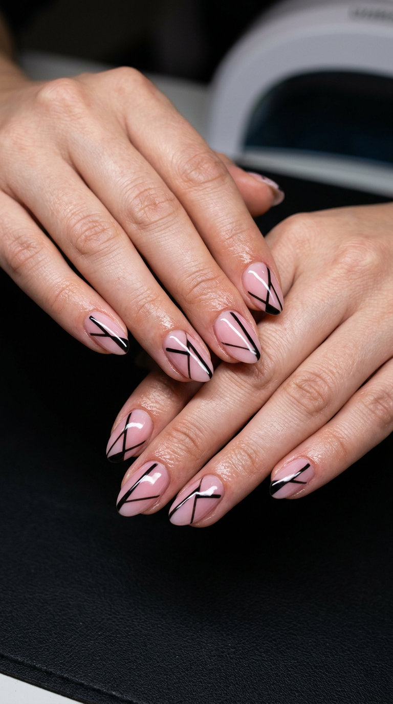 Pink negative space short simple gel nails with black lines for summer 2026. Artistic date night style.