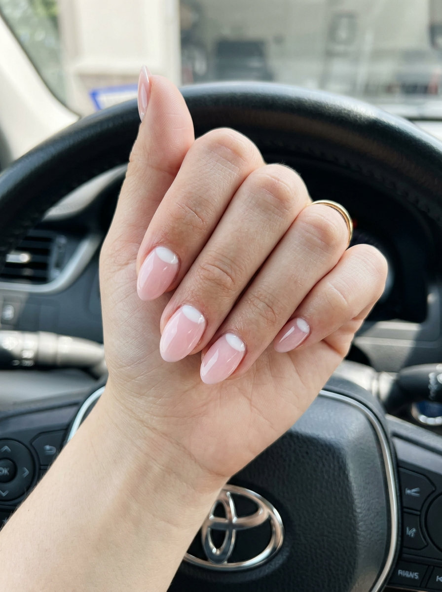 Sheer pink reverse French short simple gel nails for summer 2026. Romantic date night style.