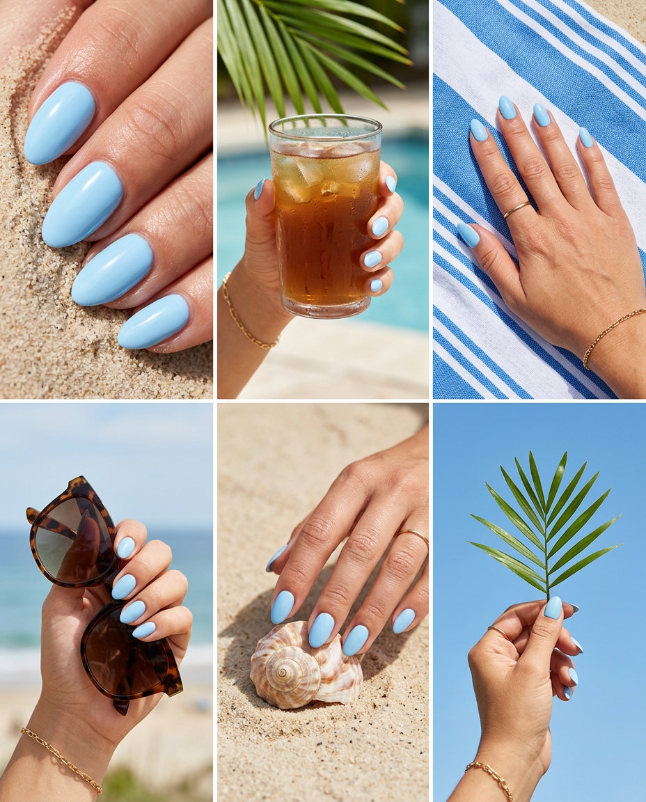 Sky blue short simple almond gel nails for summer 2026. Fresh vacation and casual style.