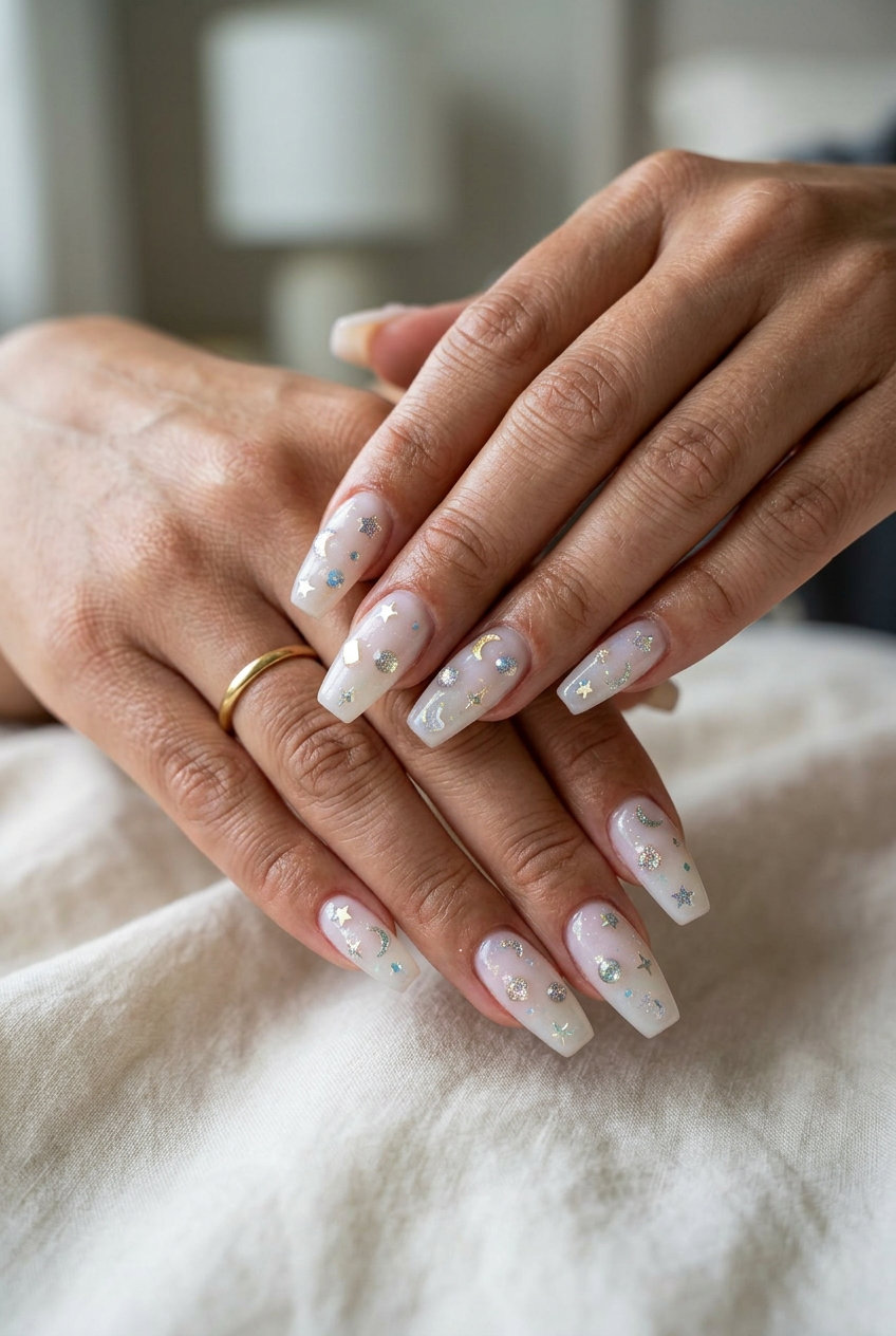 Whimsical 3D glitter charms milk bath coffin nails for a party, a playful summer glitter nails 2026.