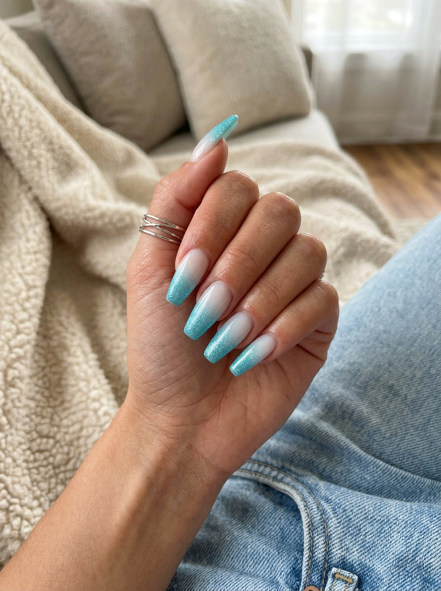 Aqua Ombre Glitter Coffin Nails 2026 | Vacation Ready Refreshing aqua ombre sparkle coffin nails for summer glitter nails 2026. Great for vacation.