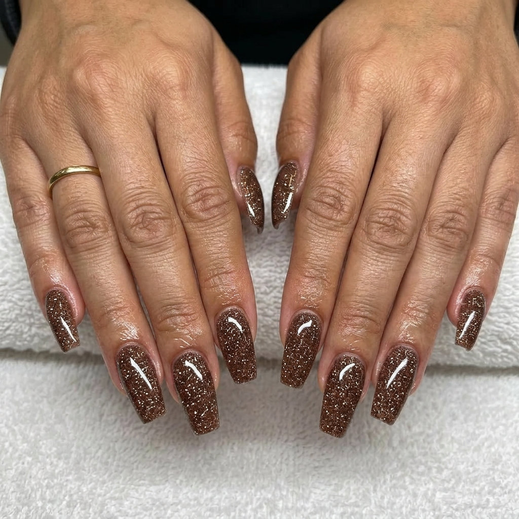 Bronze Glitter Flare Nails 2026 | Sultry Evening Style Sultry bronze glitter flare statement nails for date nights and summer events 2026.