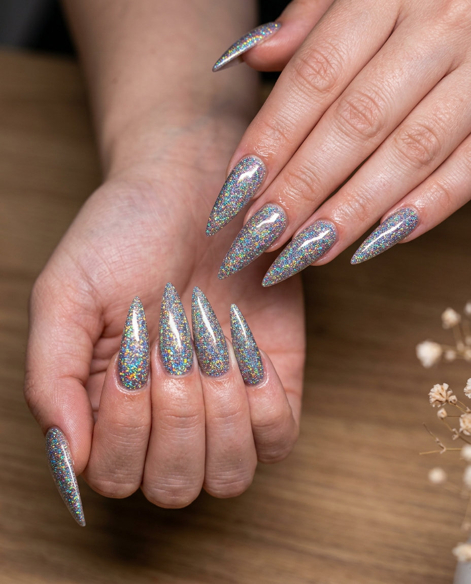 Iridescent Prism Stiletto Nails 2026 | Futuristic Glam Futuristic iridescent prism power stiletto nails for parties and festivals 2026.