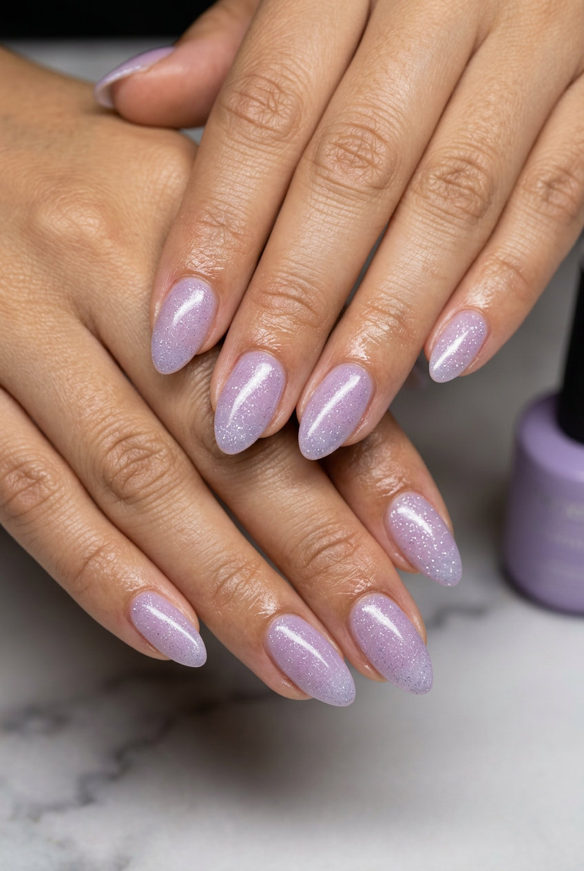Lavender Silver Glitter Overlay Nails 2026 | Clean Aesthetic Clean and polished sheer lavender nails with fine silver glitter overlay for summer glitter nails 2026.