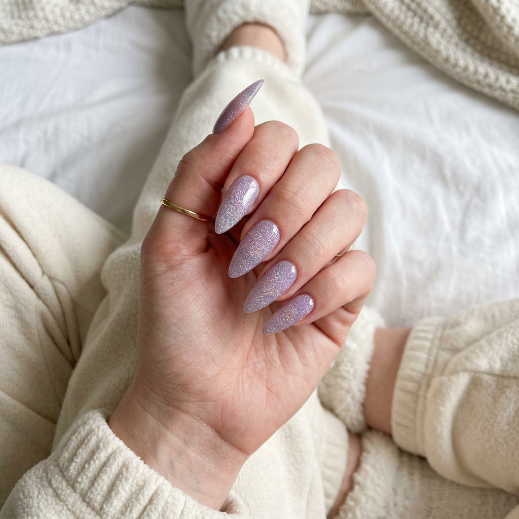 Holographic Lavender Stiletto Nails 2026 Futuristic holographic lavender haze stiletto nails for a night out, a glamorous summer glitter nails 2026.