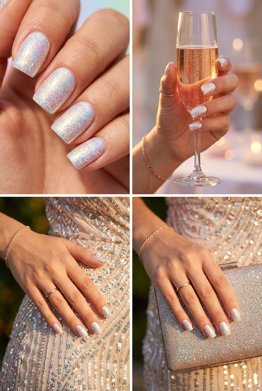 Moonbeam Iridescent Glitter Nails 2026 | Glamorous Party Glamorous moonbeam iridescent white glitter nails for parties and summer events 2026.