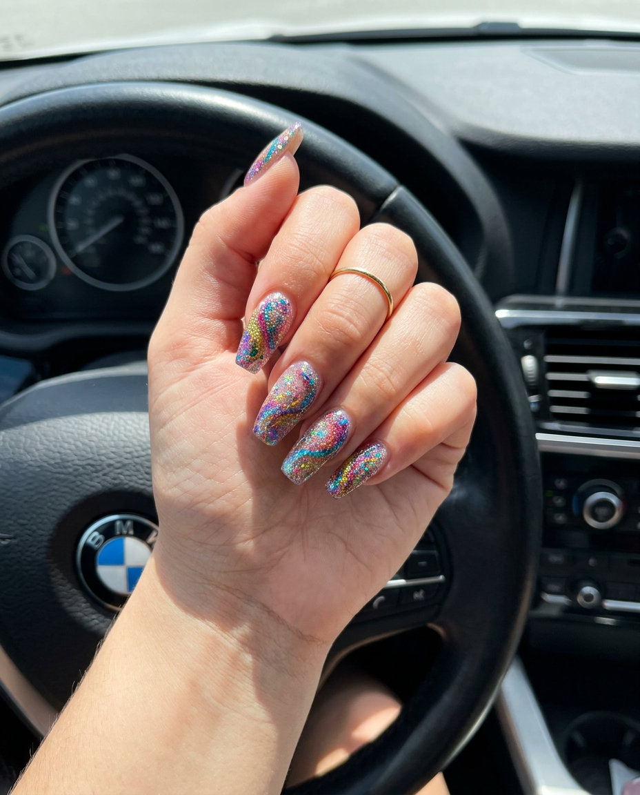 Edgy Glitter Swirl Pipe Nails 2026 Edgy multicolor glitter swirl pipe nails for a creative event, a bold summer glitter nails 2026 statement.