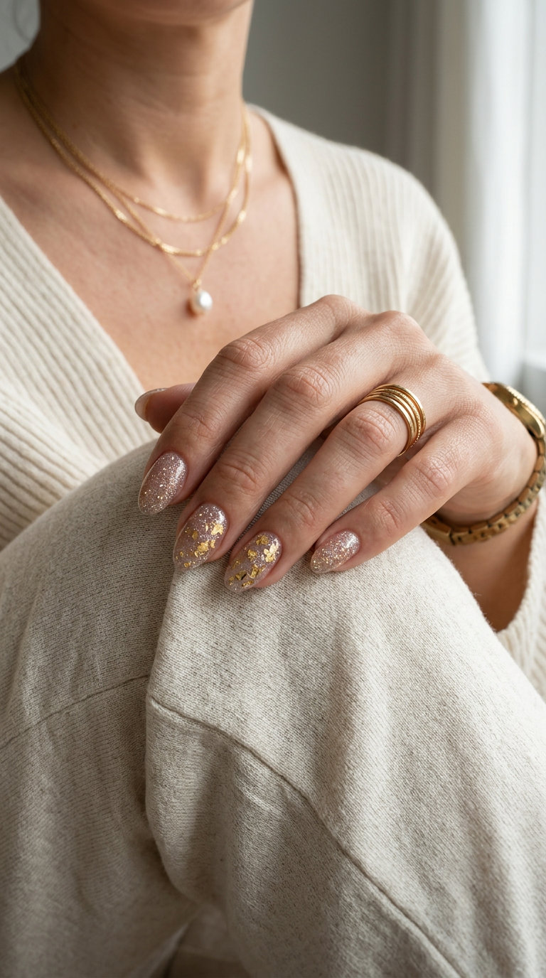 Nude Glitter Gold Foil Nails 2026 | Boho Chic Summer Boho chic nude glitter almond nails with gold foil accents for summer glitter nails 2026.