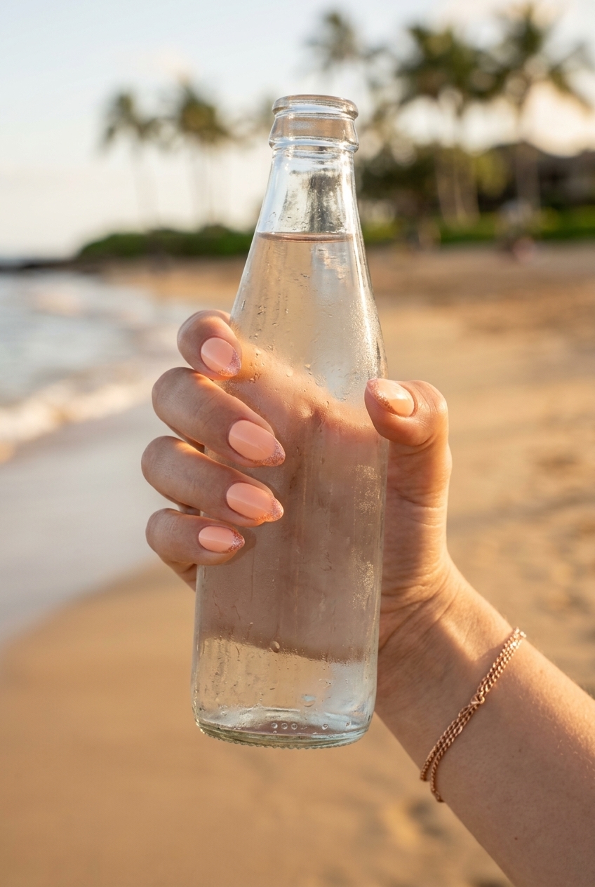 Peach Glitter French Tip Nails 2026 | Polished Summer Clean and polished soft peach French tip nails with subtle glitter for summer glitter nails 2026.