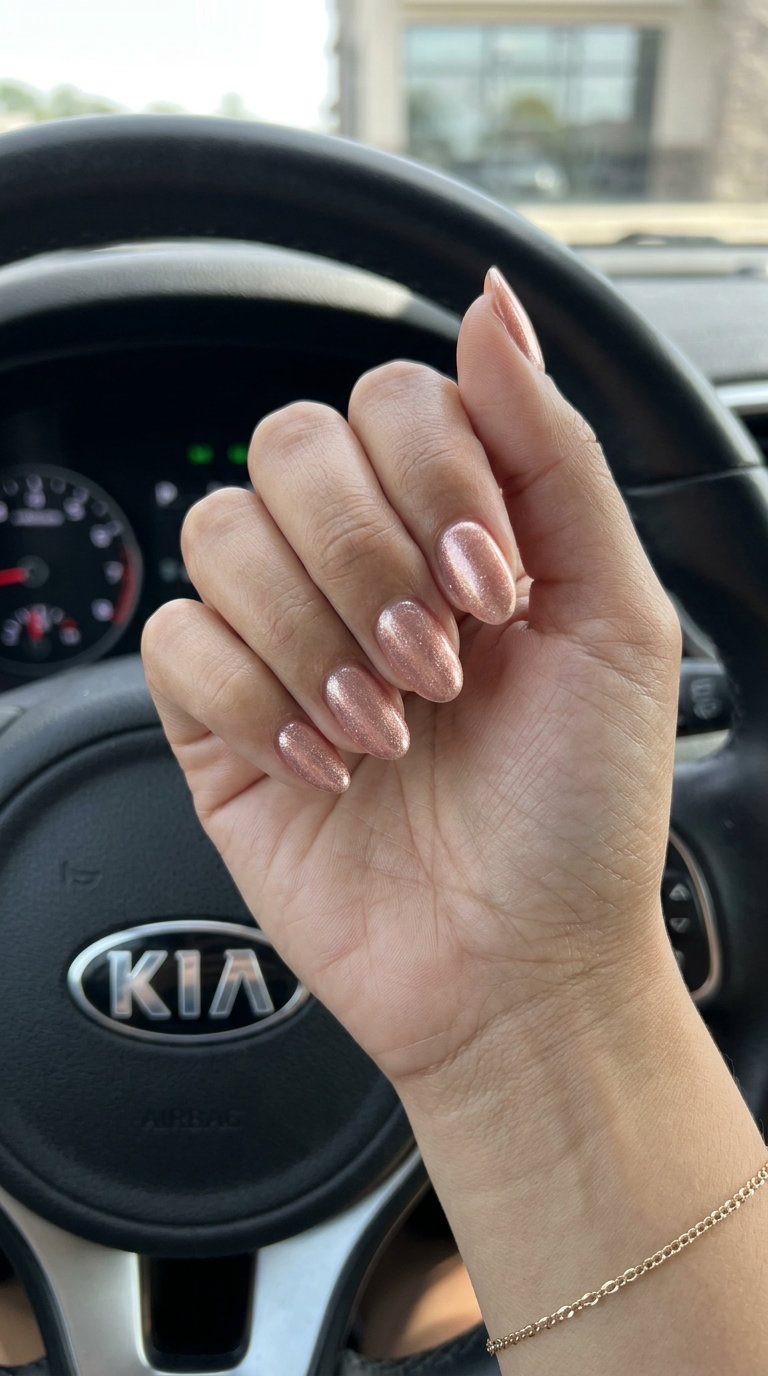 Rose Gold Shimmer Oval Nails 2026 Sophisticated rose gold shimmer oval nails for date night, a warm summer glitter nails 2026.