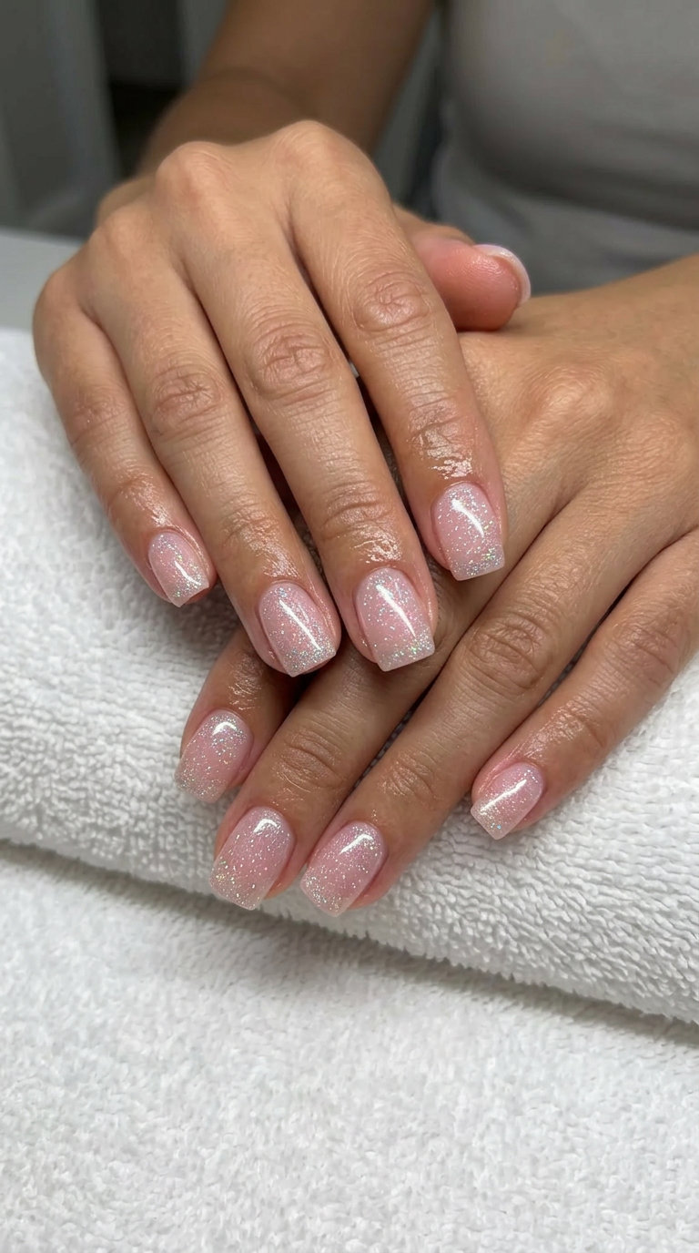 Sheer Pink Holographic Dust Nails 2026 | Romantic Style Romantic sheer pink oval nails with holographic glitter dust for summer glitter nails 2026.